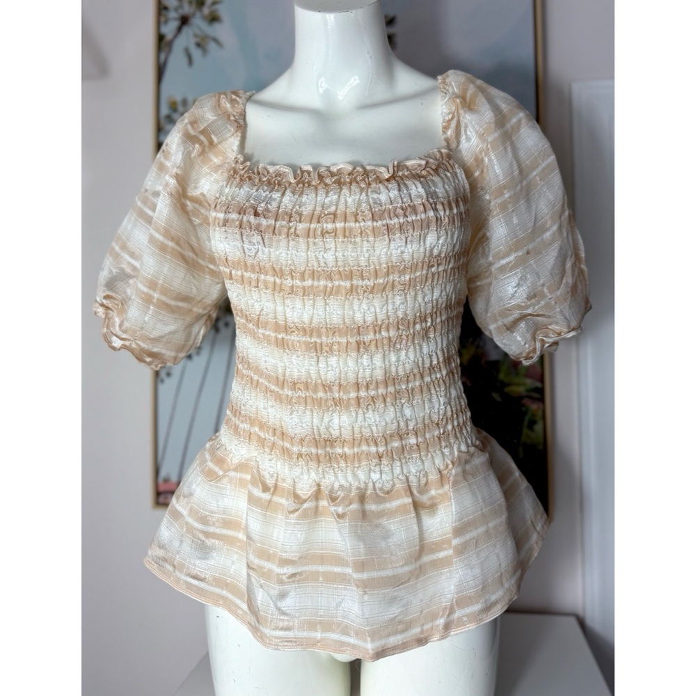 Yuni Los Angeles Beige Plaid Smocked Peplum Puff Sleeve Stretch Top Large